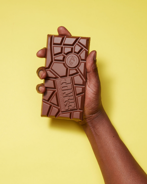 Hand holding a bar of chocolate on a yellow background.