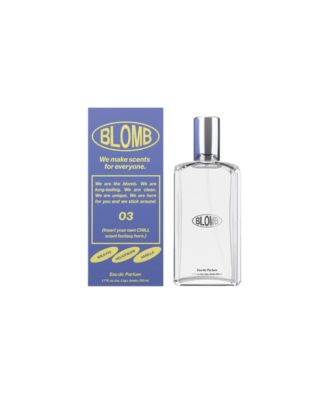 A clear, glass, rectangular perfume bottle of Blomb No. 03 next to its lavender box.