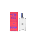 A clear, glass, rectangular perfume bottle of Blomb No. 09 next to its hot pink box.