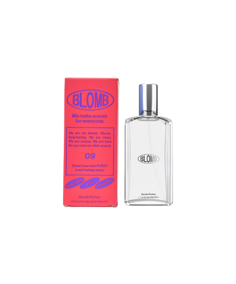 A clear, glass, rectangular perfume bottle of Blomb No. 09 next to its hot pink box.