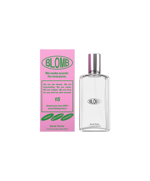 A clear, glass, rectangular perfume bottle of Blomb No. 15 next to its pink box.