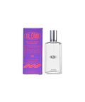 A clear, glass, rectangular perfume bottle of Blomb No. 16 next to its purple box.