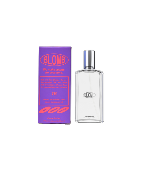 A clear, glass, rectangular perfume bottle of Blomb No. 16 next to its purple box.