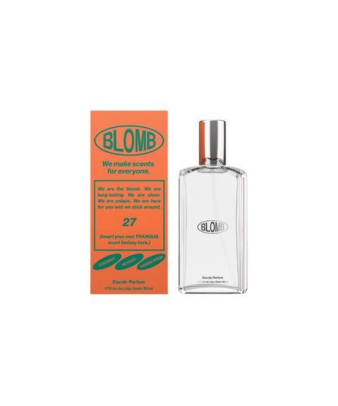 A clear, glass, rectangular perfume bottle of Blomb No. 27 next to its orange box.