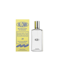 A clear, glass, rectangular perfume bottle of Blomb No. 31 next to its yellow box.