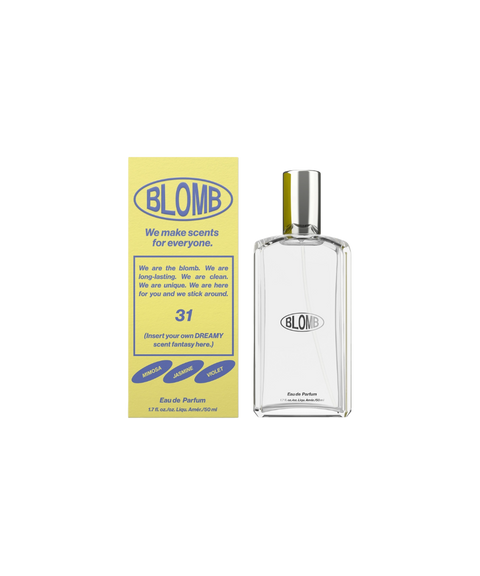 A clear, glass, rectangular perfume bottle of Blomb No. 31 next to its yellow box.