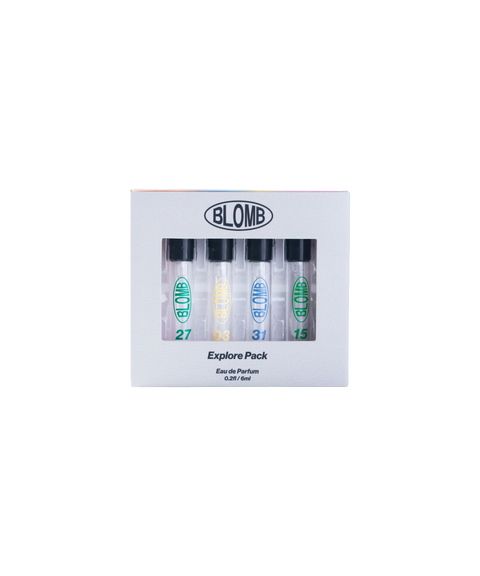 BLOMB Explore Pack 4-piece perfume sample kit in a white box with a clear window.