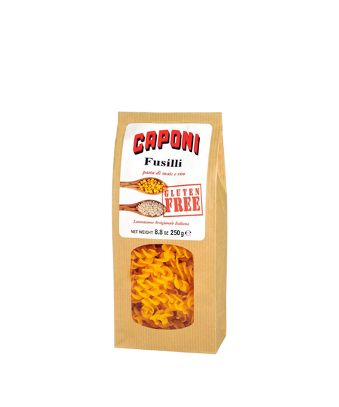 Caponi Fusilli gluten free pasta in a brown kraft paper bag with a clear window showing pasta inside.