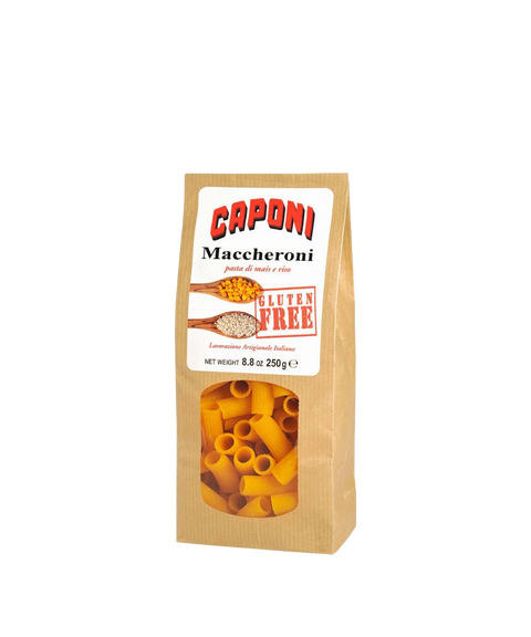 Caponi Maccheroni gluten free pasta in a brown kraft paper bag with a clear window showing pasta inside.