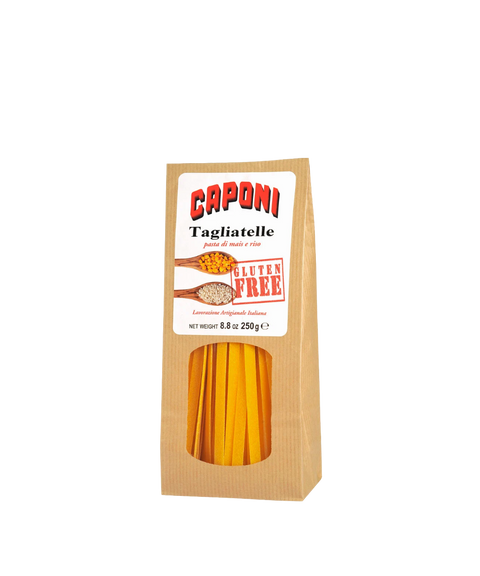 Caponi Tagliatelle gluten free pasta in a brown kraft paper bag with a clear window showing pasta inside.