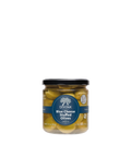 A jar of Divina Blue Cheese Stuffed Olives with a blue label and black lid.