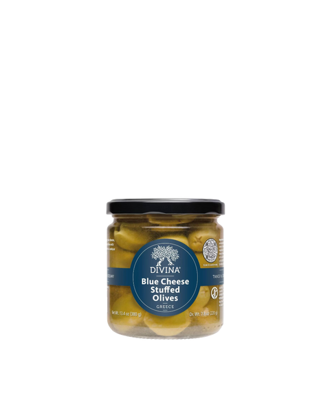 A jar of Divina Blue Cheese Stuffed Olives with a blue label and black lid.