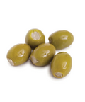Five blue cheese stuffed green olives arranged on a white background.