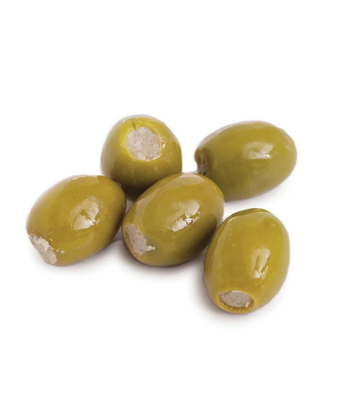 Five blue cheese stuffed green olives arranged on a white background.