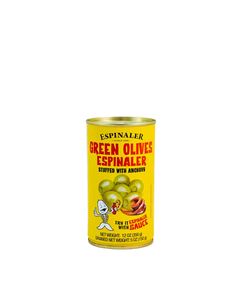 A yellow can of Espinaler Green Olives stuffed with anchovy.