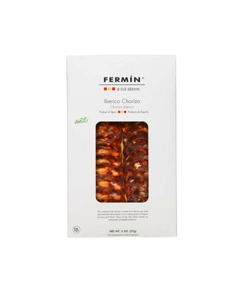 Fermín Iberico Chorizo in a white package with a clear window.