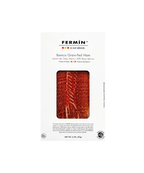Fermin Iberico Grain-Fed Ham, featuring a white package with a clear window displaying the sliced cured ham inside.