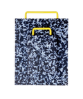 A rectangular plastic cutting board with a black and white marbled pattern and yellow metal handle, shown on a plain white background. There is a smaller matching version of the same cutting board on top of the larger one.