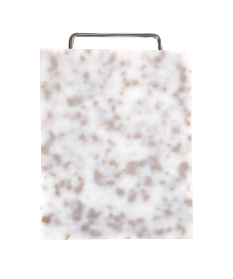 A rectangular plastic cutting board with a grey and white marbled pattern and silver chrome metal handle, shown on a plain white background.