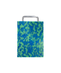 A rectangular plastic cutting board with a blue and green marbled pattern and silver chrome metal handle, shown on a plain white background.