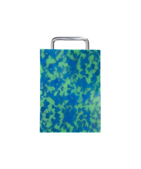 A rectangular plastic cutting board with a blue and green marbled pattern and silver chrome metal handle, shown on a plain white background.