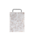 A rectangular plastic cutting board with a grey and white marbled pattern and silver chrome metal handle, shown on a plain white background.