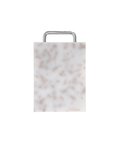 A rectangular plastic cutting board with a grey and white marbled pattern and silver chrome metal handle, shown on a plain white background.