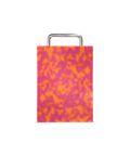 A rectangular plastic cutting board with a pink and orange marbled pattern and silver chrome metal handle, shown on a plain white background.