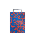 A rectangular plastic cutting board with a red and blue marbled pattern and silver chrome metal handle, shown on a plain white background.