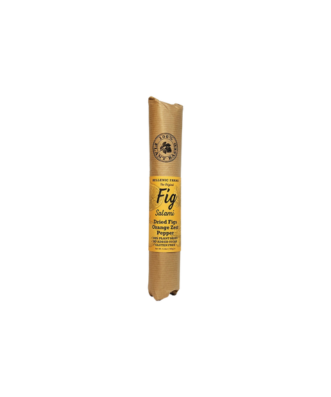 Hellenic Farms Fig Salami with orange zest and pepper, wrapped in kraft paper with an orange label.