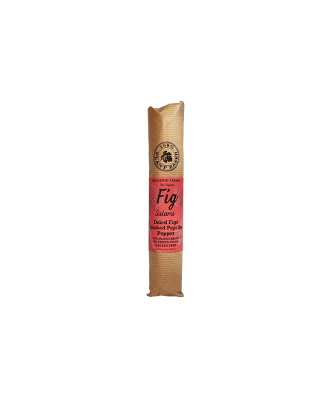 Hellenic Farms Fig Salami with smoked paprika and pepper, wrapped in kraft paper with a red label.