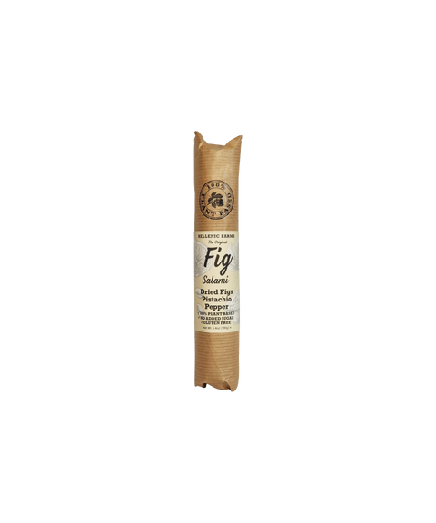 Hellenic Farms Fig Salami with pistachio and pepper, wrapped in kraft paper with a cream label.
