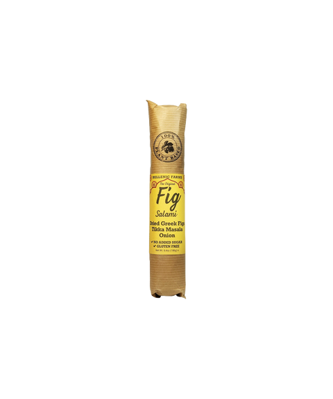 Hellenic Farms Fig Salami with tikka masala, wrapped in kraft paper with a yellow label.