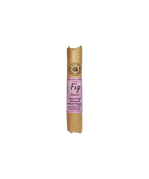 Hellenic Farms Fig Salami with almonds and black pepper, wrapped in kraft paper with a lavender label.