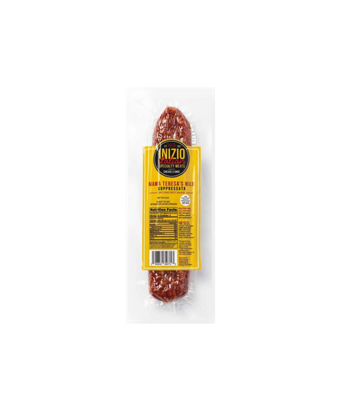 Inizio Meats Mama Teresa’s Mild Soppressata in a clear package with a yellow and black label.