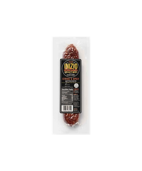 Inizio Meats Stevie's Spicy Soppressata in a clear package with a black and yellow label.