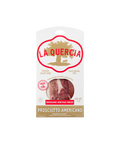 A package of La Quercia Prosciutto Americano, featuring a white package with a red and gold logo, and a clear window displaying the sliced meat.