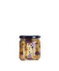 A glass jar of Losada Pitted Olives featuring green and purple olives inside.