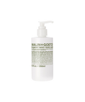 A white pump bottle of Malin + Goetz bergamot hand and body wash with green text on the label.