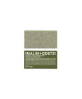 Malin+Goetz mandelic acid exfoliating bar soap in eucalyptus scent above its green product box.