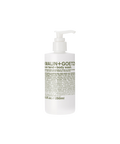 A white pump bottle of Malin + Goetz rum hand and body wash with green text on the label.