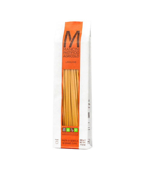 A bag of Mancini Pastifico Agricolo linguine pasta with a clear window revealing pasta inside.