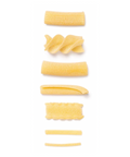 Six different shapes of uncooked pasta arranged vertically on a clean white background, including tubes, spirals, and flat noodles.