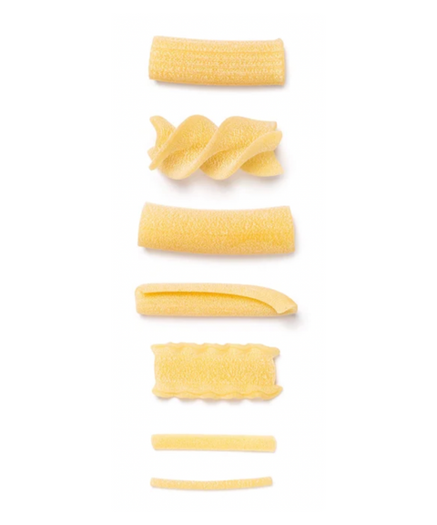 Six different shapes of uncooked pasta arranged vertically on a clean white background, including tubes, spirals, and flat noodles.
