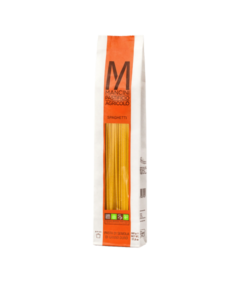 A bag of Mancini Pastifico Agricolo spaghetti pasta with a clear window revealing pasta inside.
