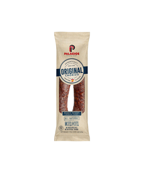Palacios Original Chorizo in a tan package with a clear window showing the sausage inside.