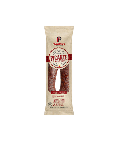 Palacios Picante Chorizo in a tan package with a clear window featuring the sausage inside.