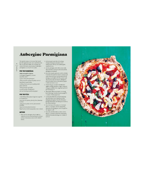Slice cookbook opened to a spread titled 'Aubergine Parmigiana' with the recipe on the left and a photo of a round pizza on a green surface on the right.