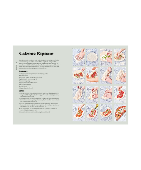 A recipe card for Calzone Ripieno, featuring an ingredients list, preparation instructions, and a 16-step visual guide showing the dough, filling, and folded calzone.