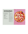An open cookbook spread showing a recipe for Neapolitan Salami & Fire-roasted Peppers, with the recipe on the left and a photograph of a topped pizza on a red-and-white checkered cloth on the right.